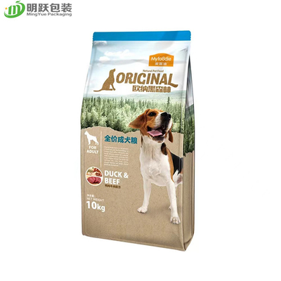 ถุงบรรจุภัณฑ์อาหารสัตว์เลี้ยงเคลือบเงามันเงา 10 กก. สำหรับอาหารสุนัข Quad Seal Side Gusset Zip Lock